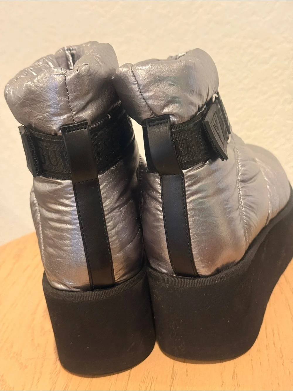 GUESS Metallic Silver Platform Puffer Ankle Boots
